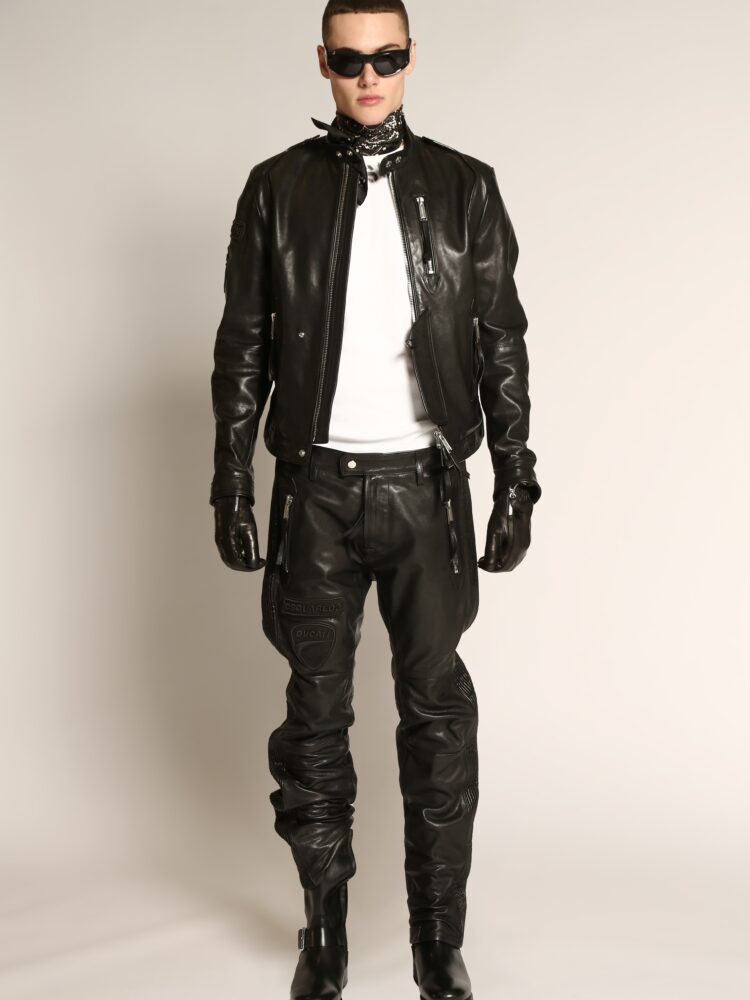 Dsquared2 x Ducati: Look 1- statement leather jacket, showcasing the Dsquared2 and Ducati logos embossed on the sleeves.