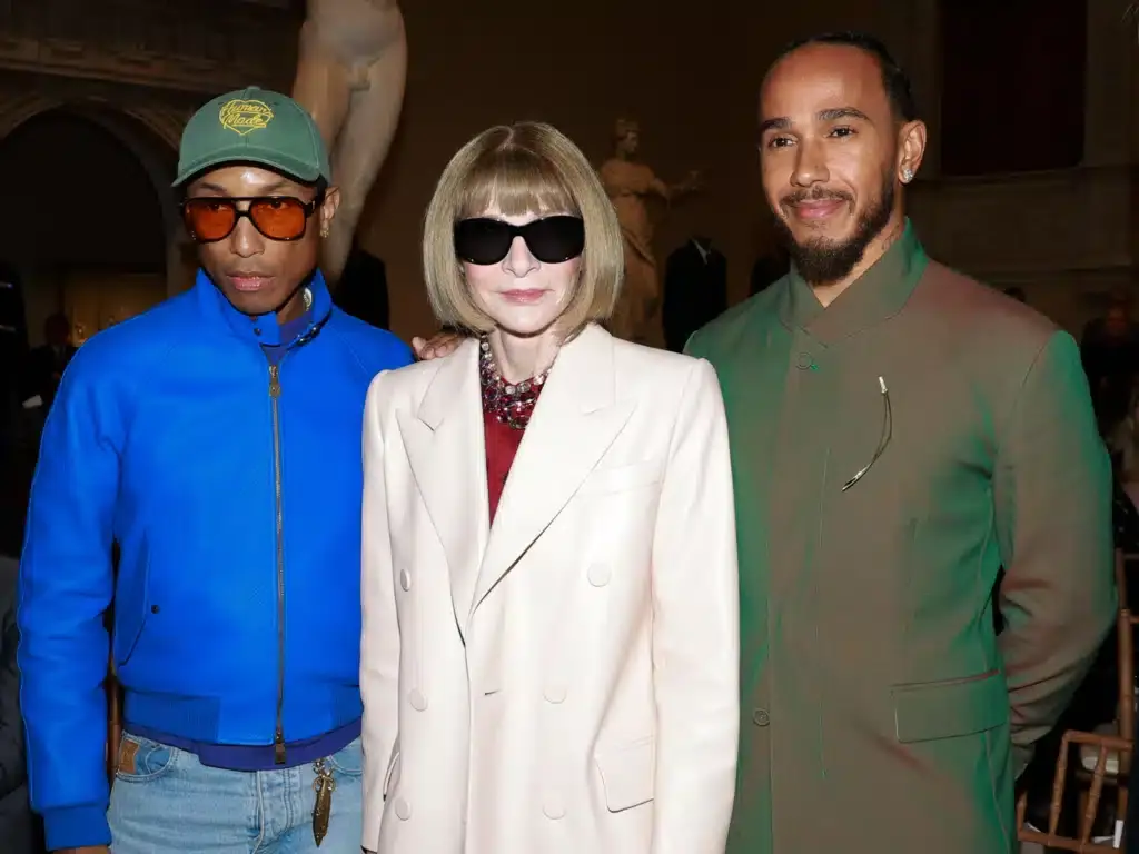 Pharrell Williams, Anna Wintour and Lewis Hamilton attend the Costume Institute’s Spring 2025 Exhibition press conference at Metropolitan Museum of Art on October 09, 2024 in New York City