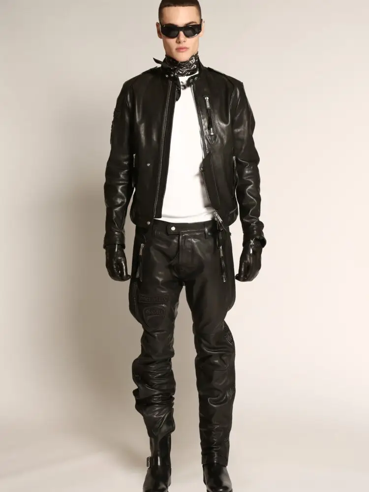 Dsquared2 x Ducati: Look 1- statement leather jacket, showcasing the Dsquared2 and Ducati logos embossed on the sleeves.